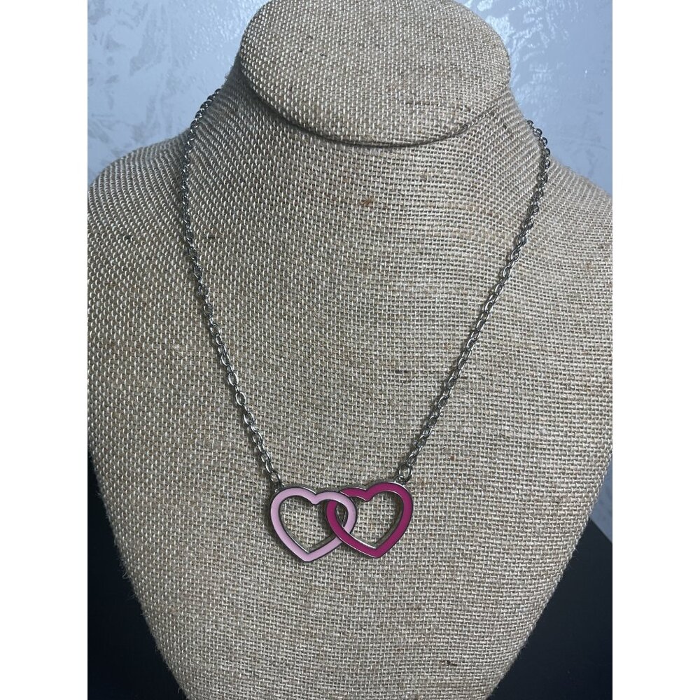 Double Heart Pendant Necklace With Pink & Silver Tones